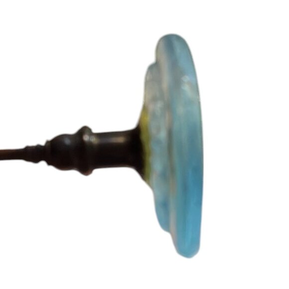 Vtg One-of-a-Kind Metal Earring Holder/Candlestick w/Pale Blue Carved Glass Base - Picture 9 of 10